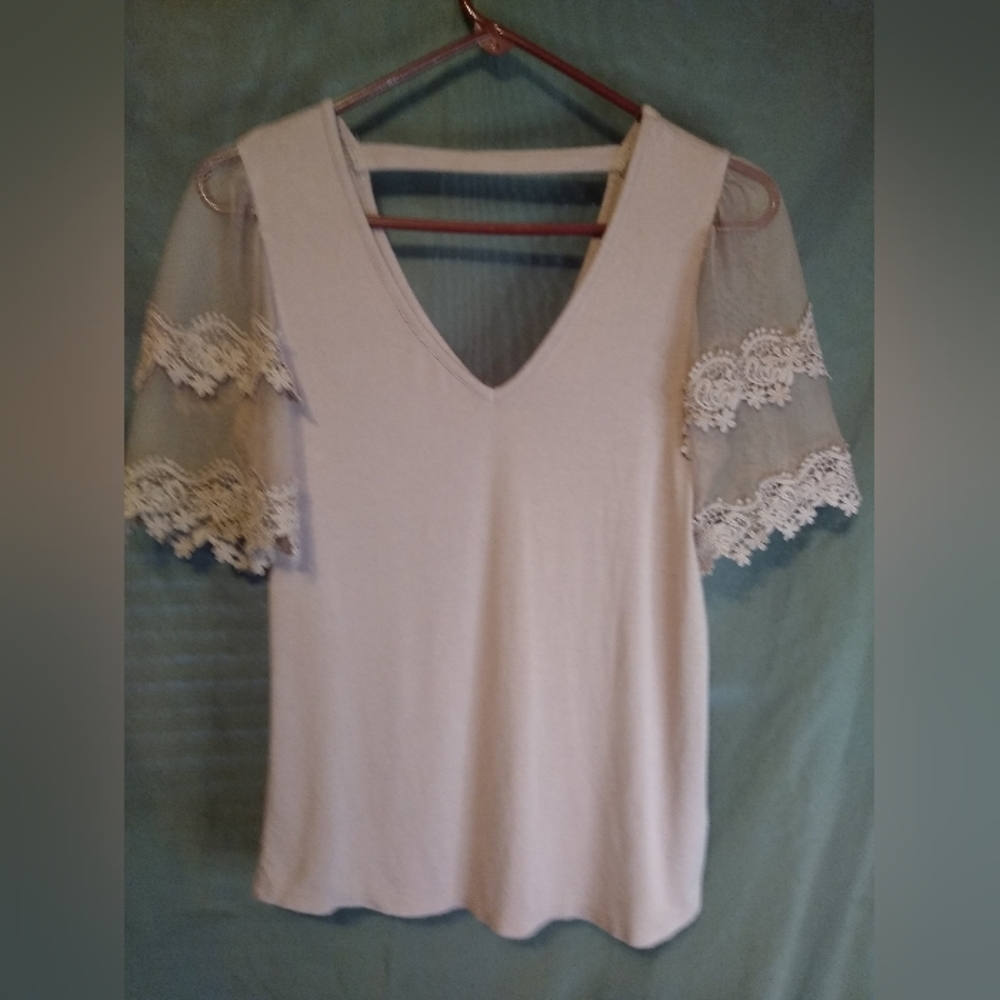Elegant Willow Pink V-neck Blouse Lace Sleeve Women's Top